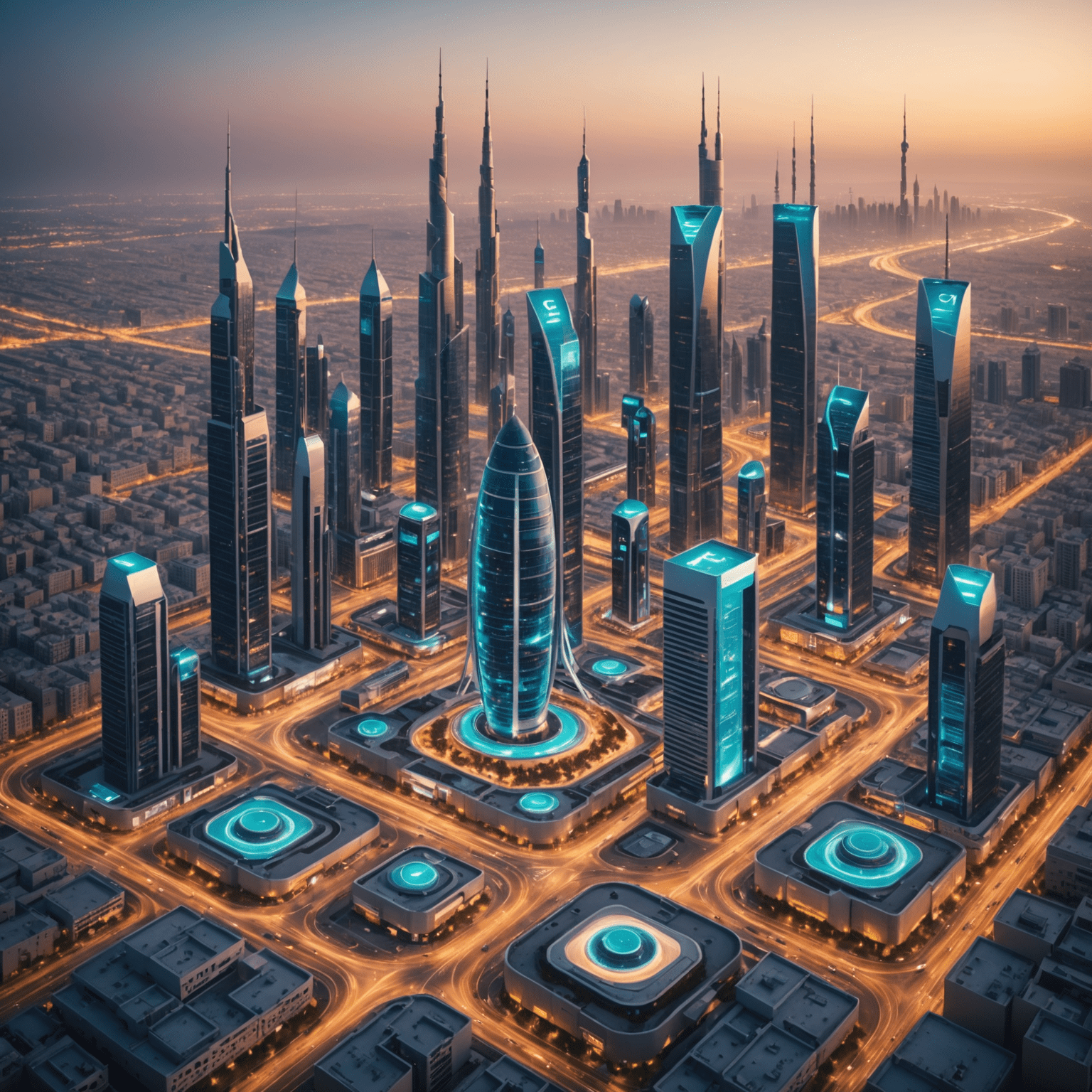 صورة توضح تقنية الجيل الخامس في مدينة عربية حديثة، مع أبراج اتصالات وأجهزة ذكية متصلة
