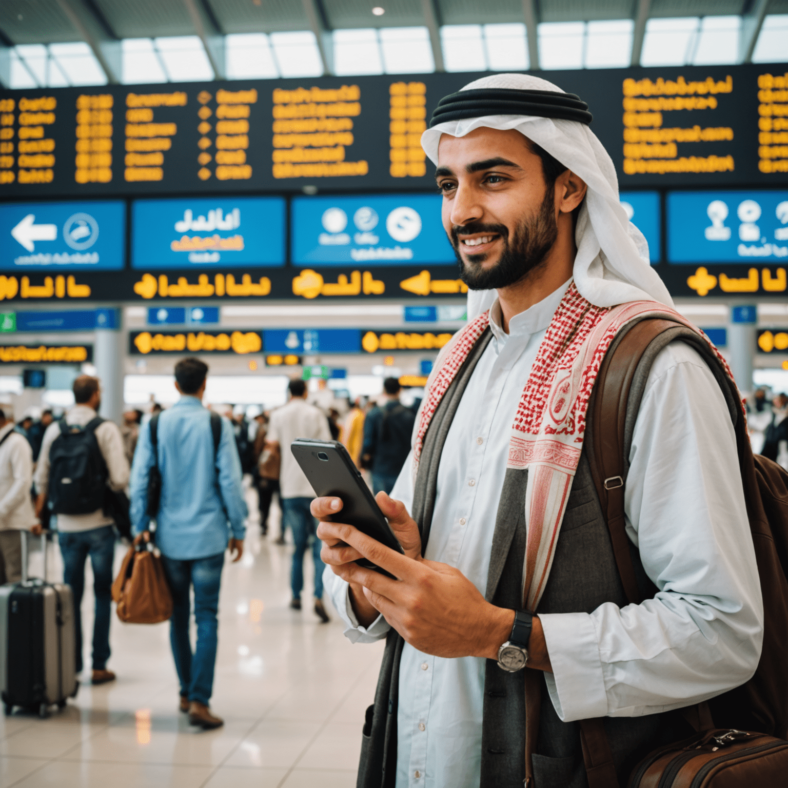 صورة لمسافر عربي يستخدم هاتفه المحمول في مطار دولي، محاط بلافتات بلغات مختلفة