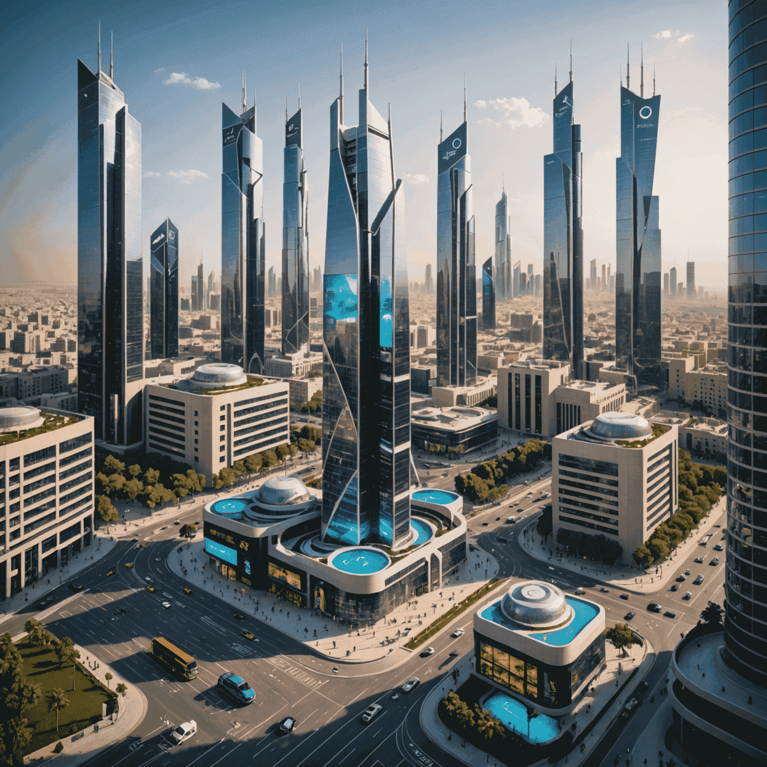 صورة توضح أبراج 5G في مدينة عربية حديثة مع أشخاص يستخدمون هواتفهم الذكية